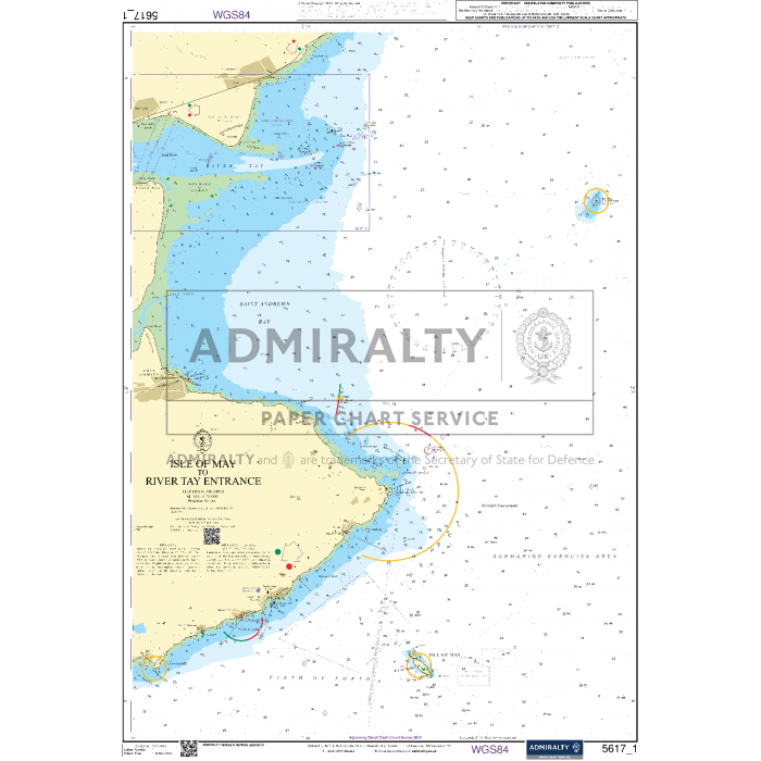 A nautical chart titled "Admiralty Small Craft Charts - 5617 - East Coast of Scotland" by Admiralty, depicting coastal areas, water depths, navigational aids, and hazards near the entrance of the River Tay. This essential tool for coastal navigation includes tidal information, geographic coordinates, and topographic features to ensure maritime safety.