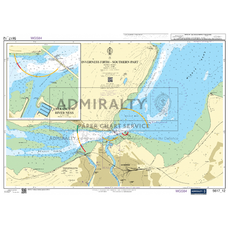 Admiralty's Small Craft Chart 5617_12: Inverness Firth (Southern Part) showcases water depths, navigation hazards, and detailed maritime information. It includes a sub-chart of the River Ness entrance with references to Admiralty Small Craft Charts and the latest navigation aids.