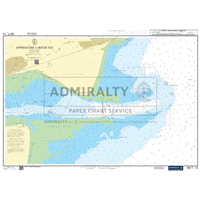 Nautical chart titled "Admiralty Small Craft Charts - 5617 - East Coast of Scotland" depicting the approaches to the River Tay. This chart includes depth markings, navigational aids, land areas in yellow, and water features in blue with detailed notations. Designed for coastal navigation and maritime safety, it carries the reference number "6171_13" and adheres to "WGS84" coordinates. It's ideal for small craft navigation purposes.