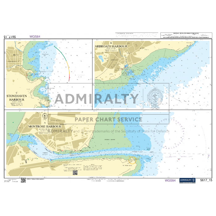 Admiralty Small Craft Charts - 5617 - East Coast of Scotland provides intricate maps of harbors in Stonehaven, Arbroath, and Montrose. Perfect for coastal navigation by maritime experts, it includes information on water depths, navigational markings, and coastal features. The chart features the Admiralty logo and contains notes for mariner use.