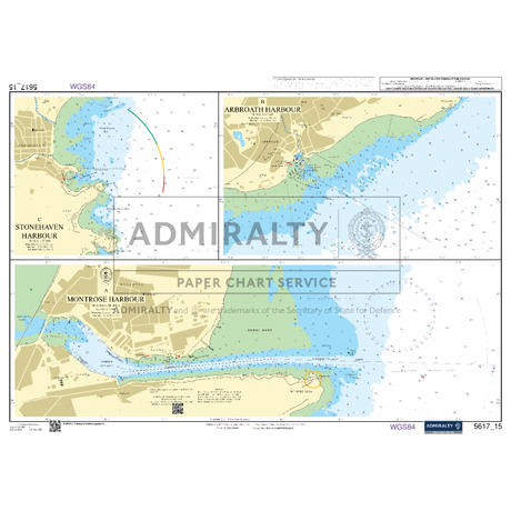 The Admiralty Small Craft Chart 5617_15: Montrose Harbour provides detailed maps of Stonehaven Harbour, Arbroath Harbour, and Montrose Harbour. It includes water depths, navigational aids, coastal features, and tidal information. This chart is labeled with Admiralty Small Craft Chart markers and WGS84 coordinates by the UK Hydrographic Office.