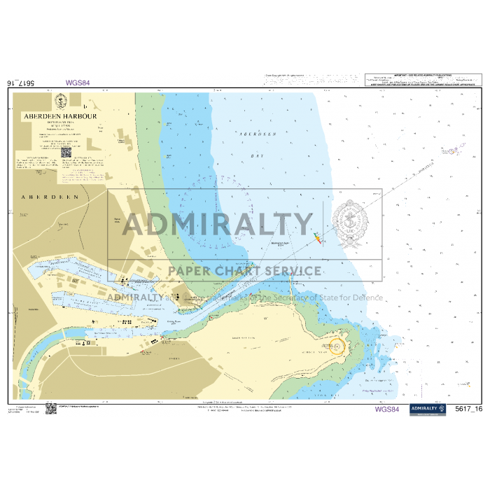 The Admiralty Small Craft Chart - 5617 for the East Coast of Scotland provides detailed mapping of Aberdeen Harbour, including water depths, navigational features, and land areas. This chart by Admiralty includes comprehensive details on the coastline, harbor facilities, buoys, and landmarks essential for coastal navigation. Notations and scale information are included to ensure maritime safety for all vessels.