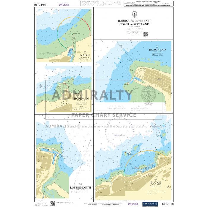 The Admiralty Small Craft Chart 5617_18: Harbours on the East Coast of Scotland is a vital navigation aid, featuring current charts of harbors such as Nairn, Hopeman, Burghead, Lossiemouth, and Buckie. These locations are precisely mapped with vivid blue waters and brown land areas for easy readability.