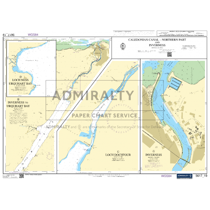 An Admiralty Small Craft Chart titled "East Coast of Scotland," detailing the waterways around Loch Ness, Urquhart Bay, Loch Dochfour, and Inverness. It includes navigational routes, depths, and points of interest vital for maritime safety. Marked as Admiralty Chart 5617 and useful for small craft navigation.