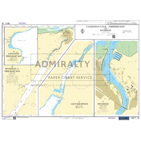 The Admiralty Small Craft Chart 5617_19: Caledonian Canal (Northern Part) and Inverness offers detailed navigation information for the Northern part of the canal, including Inverness, Loch Dochfour, and Loch Ness. Produced by Admiralty, this chart from the UK Hydrographic Office includes marked depths and maritime symbols to assist in navigation.