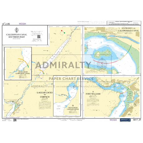 Admiralty's Small Craft Chart 5617_21 expertly maps the southern section of the Caledonian Canal, highlighting key areas such as Loch Lochy, Laggan Locks, Corpach, and Fort William. It includes detailed information on navigation routes, water depths, and significant landmarks. This chart is kept current with up-to-date details from the UK Hydrographic Office.