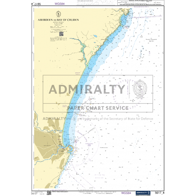 The Admiralty Small Craft Chart 5617_4: Aberdeen to Bay of Cruden by Admiralty illustrates the coastline from Aberdeen to Cruden Bay in Scotland, emphasizing maritime safety features like navigation aids. It includes coastal details, bathymetric data, and navigational information with land areas shown in beige and water areas in blue.