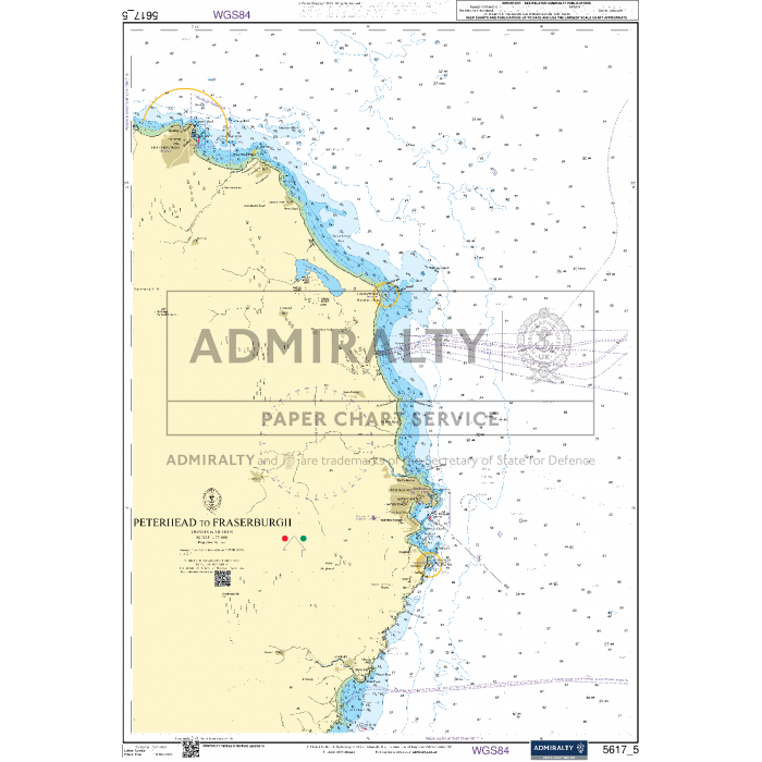 Admiralty Small Craft Charts - 5617 presents the East Coast of Scotland, spanning from Peterhead to Fraserburgh. This chart is ideal for maritime experts requiring accurate water depths, navigational aids, and detailed coastline information. It features the Admiralty logo and specific map details suited for coastal navigation enthusiasts or those using Small Craft charts.