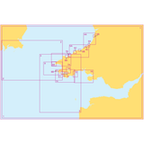 A map depicting a yellow landmass on the right and blue water on the left is reminiscent of the Admiralty Small Craft Charts - 5620 for South West Wales, commonly used in coastal navigation. Several outlined boxes are labeled from 1 to 16, with additional sub-labels such as 4A and 5C, and various connections between these labels further enhance its similarity to ADMIRALTY charts.