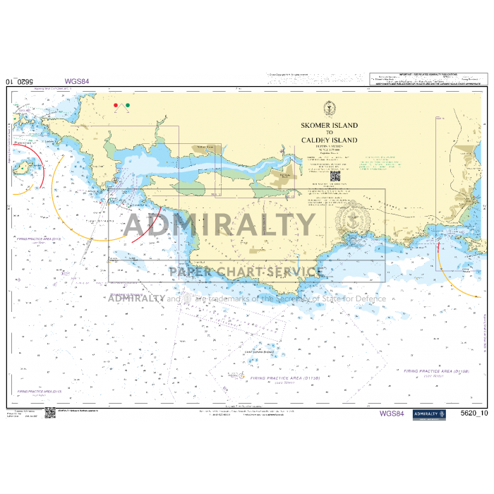 The Admiralty Small Craft Charts - 5620 - South West Wales showcases water depths, navigational markers, and coastal features around Skomer Island and Caldey Island. Designed for coastal navigation, it includes ADMIRALTY information and surrounding geographic details that are ideal for small craft charts.