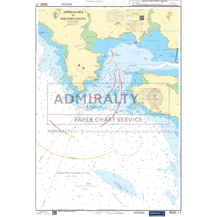 The Admiralty Small Craft Charts - 5620 - South West Wales by Admiralty detail the approaches to Milford Haven, showcasing essential features like waterways, depth contours, and navigational lines for effective coastal navigation. This chart emphasizes Admiralty notes and coordinates, with sea areas depicted in blue and land in green, making it perfect for small craft charts enthusiasts.