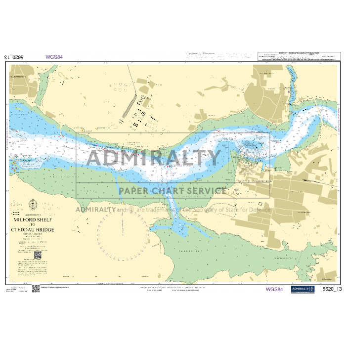 The Admiralty Small Craft Chart 5620_13: Milford Haven - Milford Shelf to Cleddau Bridge, produced by Admiralty and approved by the UK Hydrographic Office, displays water depths, coastal features, navigation routes, and landmarks. Featuring marked coordinates and color-coded depth zones for easy navigation.