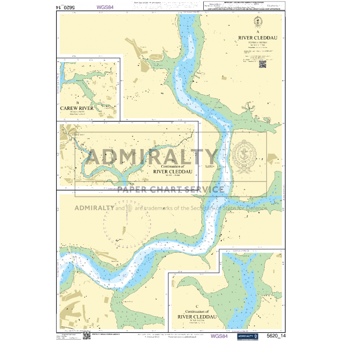 The Admiralty Small Craft Charts - 5620 - South West Wales is perfect for coastal navigation along the River Cleddau, featuring the Carew River and its surrounding waters. This chart includes depth indicators and detailed navigation features, with land areas shaded in light yellow and water depicted in shades of blue.