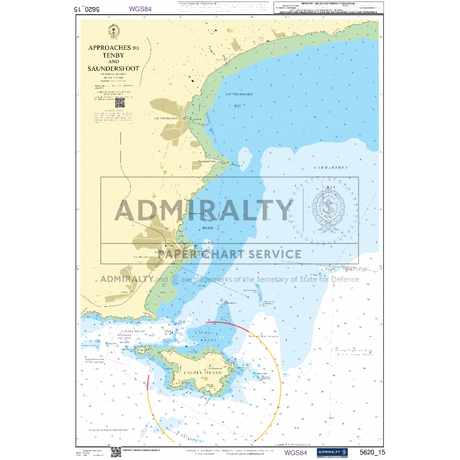 The Admiralty Small Craft Chart 5620_15: Approaches to Tenby and Saundersfoot provides a current guide with details on land topography, sea depths, navigation aids, and coastal features along the South Wales coast.