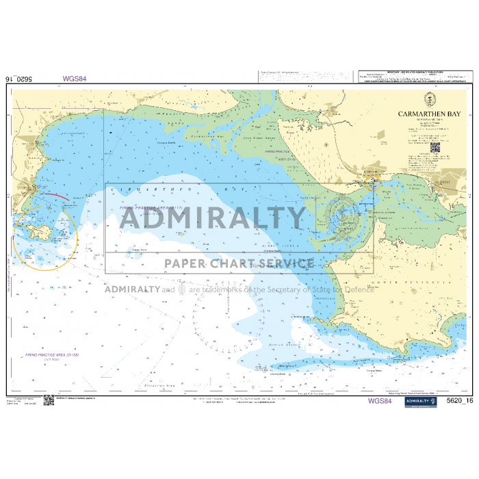 The **Admiralty Small Craft Charts - 5620 - South West Wales** is expertly labeled with navigational details, coordinates, and depth measurements. This chart includes coastal outlines and vital geographic features for reliable maritime and coastal navigation in Carmarthen Bay.