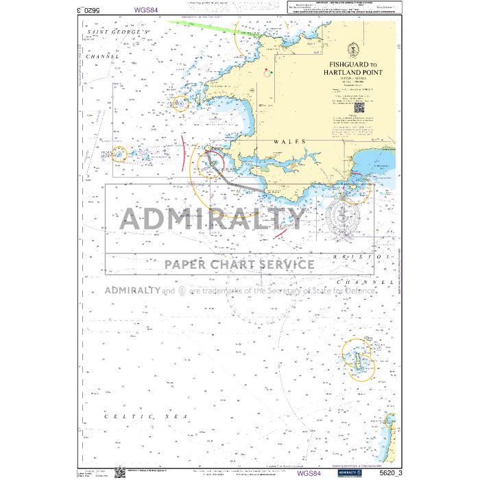 Admiralty Small Craft Chart 5620_3: Fishguard to Hartland Point by Admiralty details the maritime areas surrounding Wales and Southwest England, providing information on water depths, navigation aids, and coastal features. It includes a designated section for the UK Hydrographic Office's Admiralty Paper Chart Service.