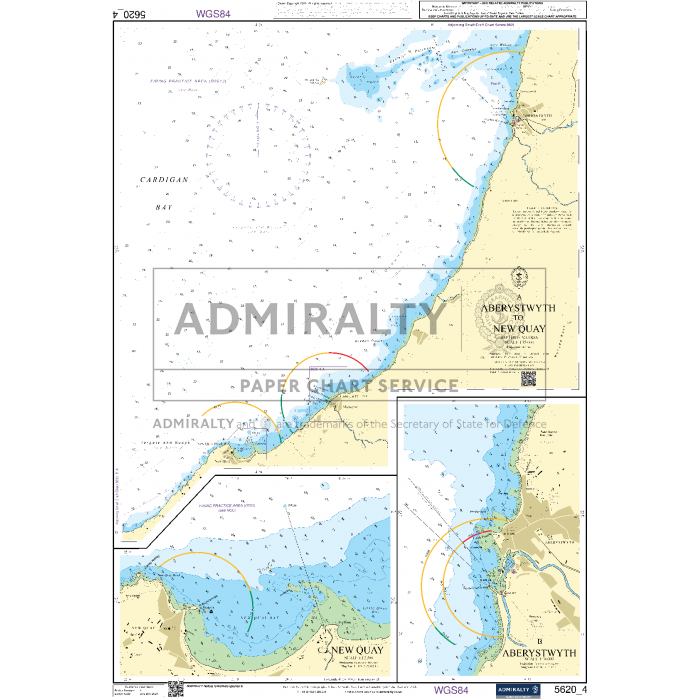 The Admiralty Small Craft Chart 5620_4: Aberystwyth to New Quay illustrates Aberystwyth's coastline with precise insets of the northern and southern regions. It features navigational aids, such as water depths and landmarks, complemented by a "Admiralty Paper Chart Service 2021" stamp. This chart is perfect for anyone in need of current charts for secure travel.