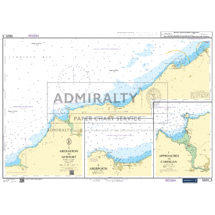 The Admiralty Small Craft Charts - 5620 - South West Wales, by the brand Admiralty, is perfect for coastal navigation and features nautical charts of the coastlines of Aberaeron, Newport, and Cardigan in Wales. It includes bathymetric data, navigational aids, and detailed coastal information. Insets focus on approaches to Cardigan and Aberporth.