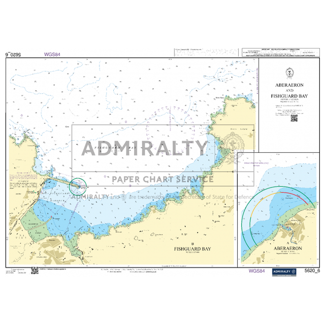 The Admiralty Small Craft Chart 5620_6: Aberaeron and Fishguard Bay, produced by Admiralty, provides water depths, land areas, and navigational details. These charts from the UK Hydrographic Office feature inset maps for specific harbors, offering mariners precise navigation tools.