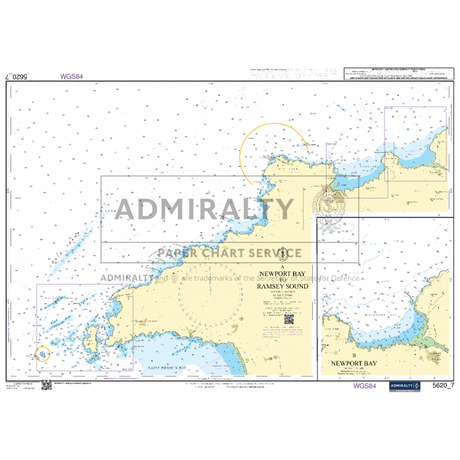 The Admiralty Small Craft Chart 5620_7: Newport Bay to Ramsey Sound, from the brand Admiralty, produced by the UK Hydrographic Office, provides detailed information on Newport Bay and Ramsey Sound. It features depth markers, navigational aids, and geographic details along with insets for specific areas to support maritime navigation.