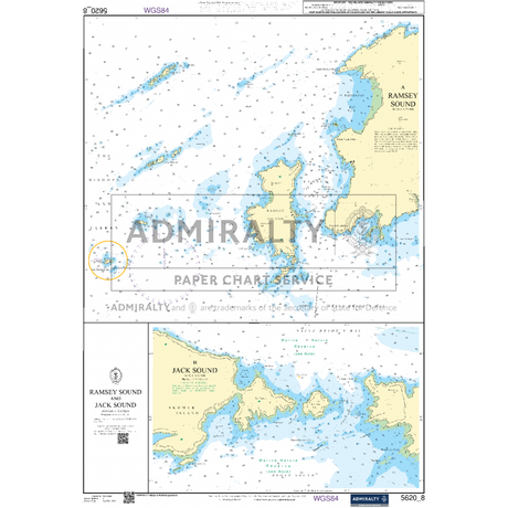 Admiralty Small Craft Chart 5620_8: Ramsey Sound and Jack Sound in the UK, includes coastal outlines, depths, Admiralty navigation aids, and warnings. This current chart prominently features the Admiralty logo and trademark.