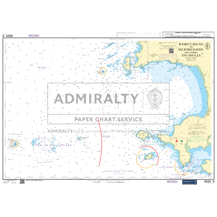 The Admiralty Small Craft Chart 5620 of South West Wales is designed for coastal navigation around Ramsey Sound and Milford Haven, highlighting water depths, navigational aids, and hazards. It bears the "Admiralty" label with symbols typical of Small Craft charts used in maritime navigation.