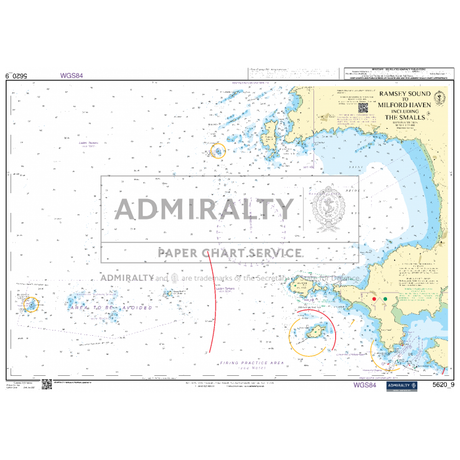 The Admiralty Small Craft Chart 5620_9: Ramsey Sound to Milford Haven including The Smalls, produced by Admiralty, provides detailed information on coastal areas, ocean depths, navigational markers, and hazards. It features coordinates and landmarks with titles conveniently placed in the upper right corner.