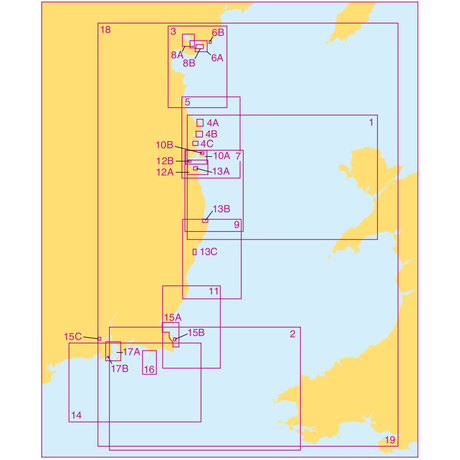 The Admiralty Small Craft Charts - 5621 - Ireland, East Coast by Admiralty features a map divided into numbered regions with interconnected borders, ideal for coastal navigation. The landmasses are colored yellow and water bodies blue. Pink lines and numbers demarcate the divisions and connections among the regions, with numbers from 1 to 19 scattered across the map, enhancing maritime safety.