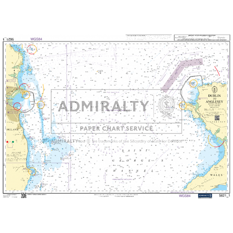 The Admiralty Small Craft Charts - 5621 - Ireland, East Coast features a detailed nautical chart of the Irish Sea, including the coastlines of Ireland, Wales, and England. This chart provides comprehensive information on sea routes, water depths, navigation aids, and significant areas such as Dublin and Anglesey. Perfect for coastal navigation and part of the Admiralty Paper Chart Service by Admiralty, it ensures maritime safety.