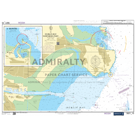 Admiralty Small Craft Charts - 5621 - Ireland, East Coast provides a nautical chart of Dublin Bay, focusing on the northern part. It includes detailed map sections of Howth and harbor areas, with depth contours, navigational aids, and coastal navigation information marked for maritime safety. The chart also features text and labels along with compass roses.