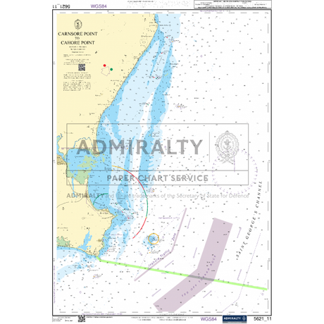 The Admiralty Small Craft Chart 5621_11: Carnsore Point to Cahore Point illustrates the stretch of Ireland's coastline from Carnsore Point to Cahore Point. Produced by Admiralty and released by the UK Hydrographic Office, it features depth contours, designated maritime boundaries, navigation aids, and a latitudinal grid. The presence of an Admiralty seal guarantees its authenticity as part of the Admiralty Small Craft Charts collection.