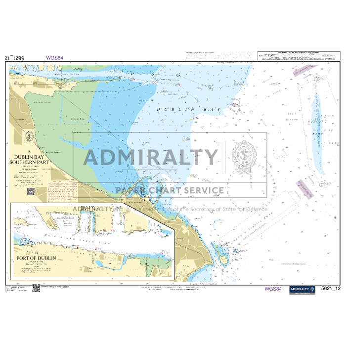 The Admiralty Small Craft Chart 5621 - Ireland, East Coast offers a detailed depiction of Dublin Bay, concentrating on the Southern region and the Port of Dublin. This chart features depth soundings, navigational aids, and comprehensive coastal details essential for maritime safety. It is an official Admiralty product and includes relevant coordinates and map scales necessary for coastal navigation.