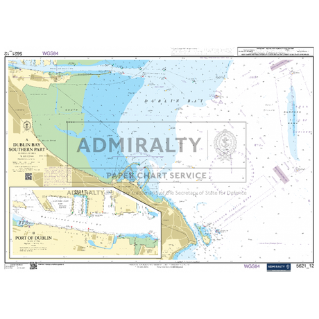 The Admiralty Small Craft Chart 5621 - Ireland, East Coast offers a detailed depiction of Dublin Bay, concentrating on the Southern region and the Port of Dublin. This chart features depth soundings, navigational aids, and comprehensive coastal details essential for maritime safety. It is an official Admiralty product and includes relevant coordinates and map scales necessary for coastal navigation.