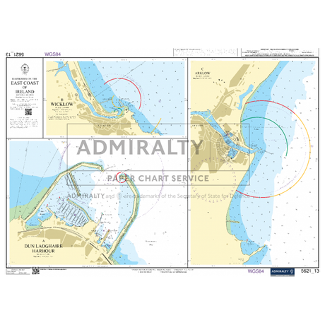 A nautical chart titled "Admiralty Small Craft Charts - 5621 - Ireland, East Coast," showcasing the east coast of Ireland with detailed maps of Wicklow Harbour, Arklow Harbour, and Dún Laoghaire Harbour. Produced by Admiralty, it features essential navigational details and depth measurements crucial for coastal navigation and maritime safety.