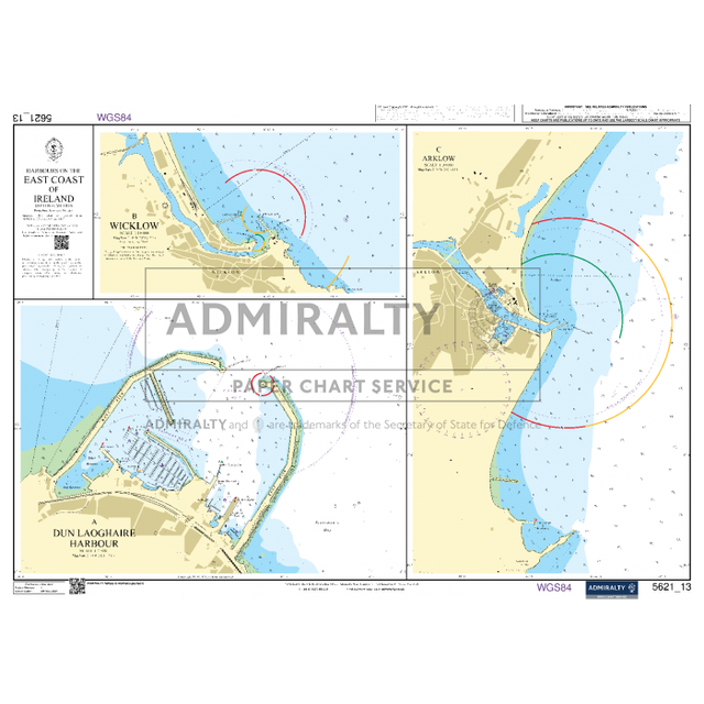 The Admiralty Small Craft Chart 5621_13, produced by Admiralty, illustrates the harbors along the east coast of Ireland, such as Wicklow, Arklow, and Dun Laoghaire Harbour. It includes coastal lines, water depths, and essential navigation aids for mariners.