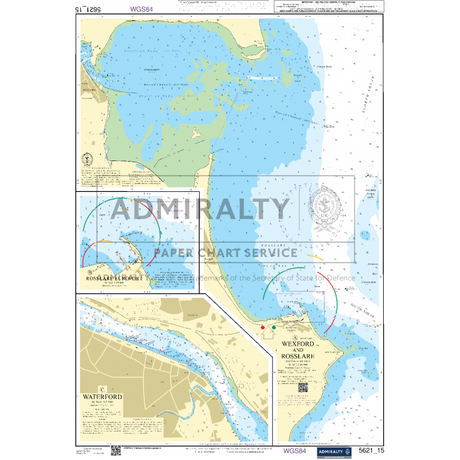 The Admiralty Small Craft Chart 5621_15: Wexford and Rosslare highlights the harbors of Wexford and Rosslare on Ireland's southeast coast, with detailed insets of Waterford and Rosslare ports. It provides navigation aids, water depth information, and is an official publication by the UK Hydrographic Office under the Admiralty brand.