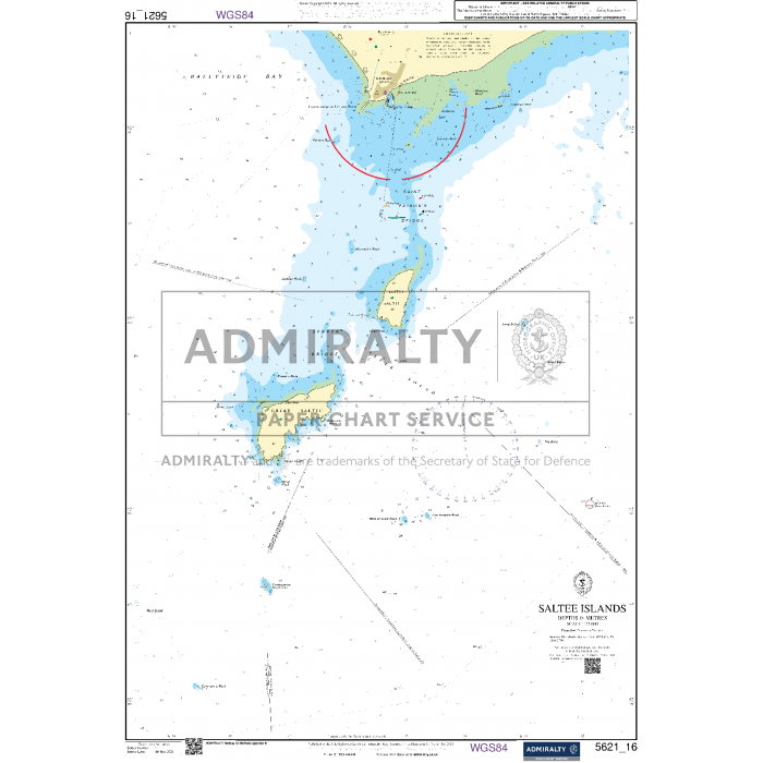 A nautical chart from the Admiralty Small Craft Charts series (5621) featuring the Saltee Islands and surrounding waters of Ireland's East Coast. It provides detailed navigational aids, depths, and coastal features to support optimal coastal navigation. Included are a scale, compass, and geographical coordinates. The map prominently displays "Admiralty Paper Chart Service" across the center.