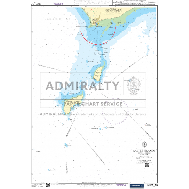 The Admiralty Small Craft Chart 5621_16: Saltee Islands showcases intricate water depths, coastline attributes, and navigation markers. Featuring compass bearings and coordinates, this chart proudly displays the UK Hydrographic Office branding and service details under the Admiralty brand.