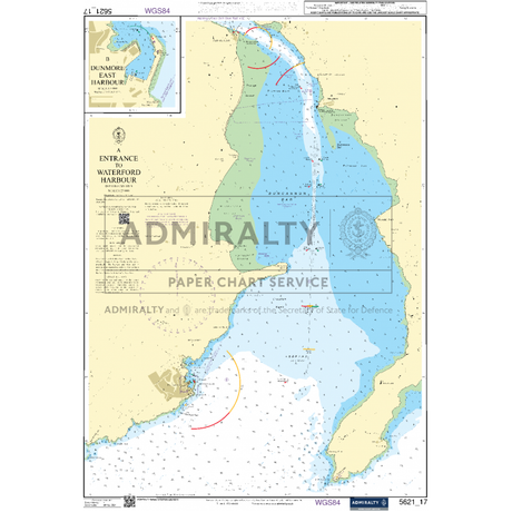 The "Admiralty Small Craft Charts - 5621 - Ireland, East Coast" is a navigational marine chart depicting the detailed water depths, coastline features, and navigational aids essential for coastal navigation around Waterford Harbour. This map includes an inset of Dunmore East Harbour and prominently displays the Admiralty logo, ensuring maritime safety for all vessels.