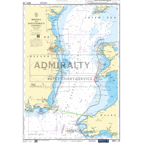 The Admiralty Small Craft Chart 5621_18: Irish Sea & Saint Georges Channel, produced by Admiralty, provides information on depths, navigation aids, and coastal details for the regions of Ireland and the UK. The chart highlights key landmarks identified by the UK Hydrographic Office and outlines shipping lanes between these areas.