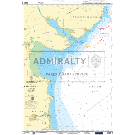 The Admiralty Small Craft Chart - 5621 for the East Coast of Ireland details Carlingford Lough on the border between Northern Ireland and Ireland. The chart includes depths, navigational aids, and coastal navigation details. Prominent "Admiralty" labels ensure that maritime safety information is overlaid on a map of the lough, making it ideal for small craft navigation.