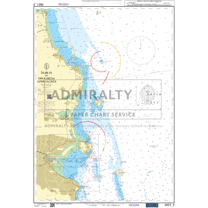 The Admiralty Small Craft Charts - 5621 - Ireland, East Coast by Admiralty is a nautical chart that details maritime navigation information from Dublin to Drogheda Approaches. It includes comprehensive data on water depths, coastal features, and navigation aids. Marked areas and symbols on the chart indicate hazards and shipping routes along the Irish coast, ensuring maritime safety for all vessels.