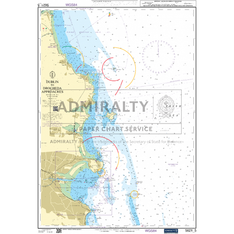 The Admiralty Small Craft Charts - 5621 - Ireland, East Coast by Admiralty is a nautical chart that details maritime navigation information from Dublin to Drogheda Approaches. It includes comprehensive data on water depths, coastal features, and navigation aids. Marked areas and symbols on the chart indicate hazards and shipping routes along the Irish coast, ensuring maritime safety for all vessels.