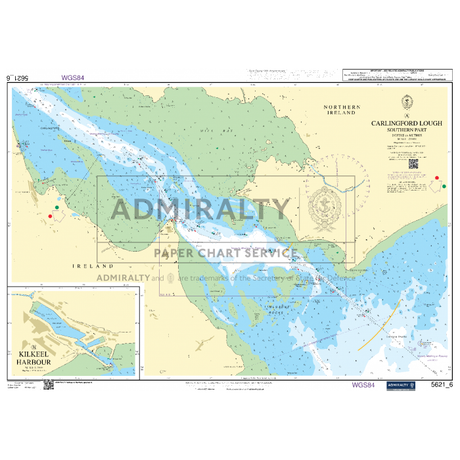 The Admiralty Small Craft Charts - 5621 - Ireland, East Coast, by Admiralty, provides a nautical chart featuring Carlingford Lough and sections of Northern Ireland. This chart offers detailed bathymetric data aimed at maritime safety and includes an inset map of Kilkeel Harbour. It features markings for water depths, coastal navigation routes, and various coastal features, all labeled with official Admiralty information.