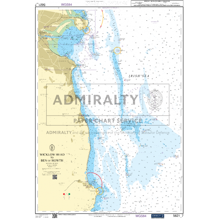 The "Admiralty Small Craft Charts - 5621 - Ireland, East Coast," an intricate nautical chart by Admiralty for maritime safety and coastal navigation, includes detailed depictions of coastlines, depths, and navigational features from Wicklow Head to Ben of Howth, as well as adjacent waters and areas of the Irish Sea with coordinates clearly marked on the edges.