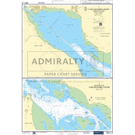 The Admiralty Small Craft Charts - 5621 - Ireland, East Coast by Admiralty is a topographical and navigational map for Carlingford Lough between Ireland and Northern Ireland. This map, ideal for maritime safety, presents depth contours, sea and land features, ports, and navigational aids. It includes detailed information on both the Southern and Northern entrances to the Lough.