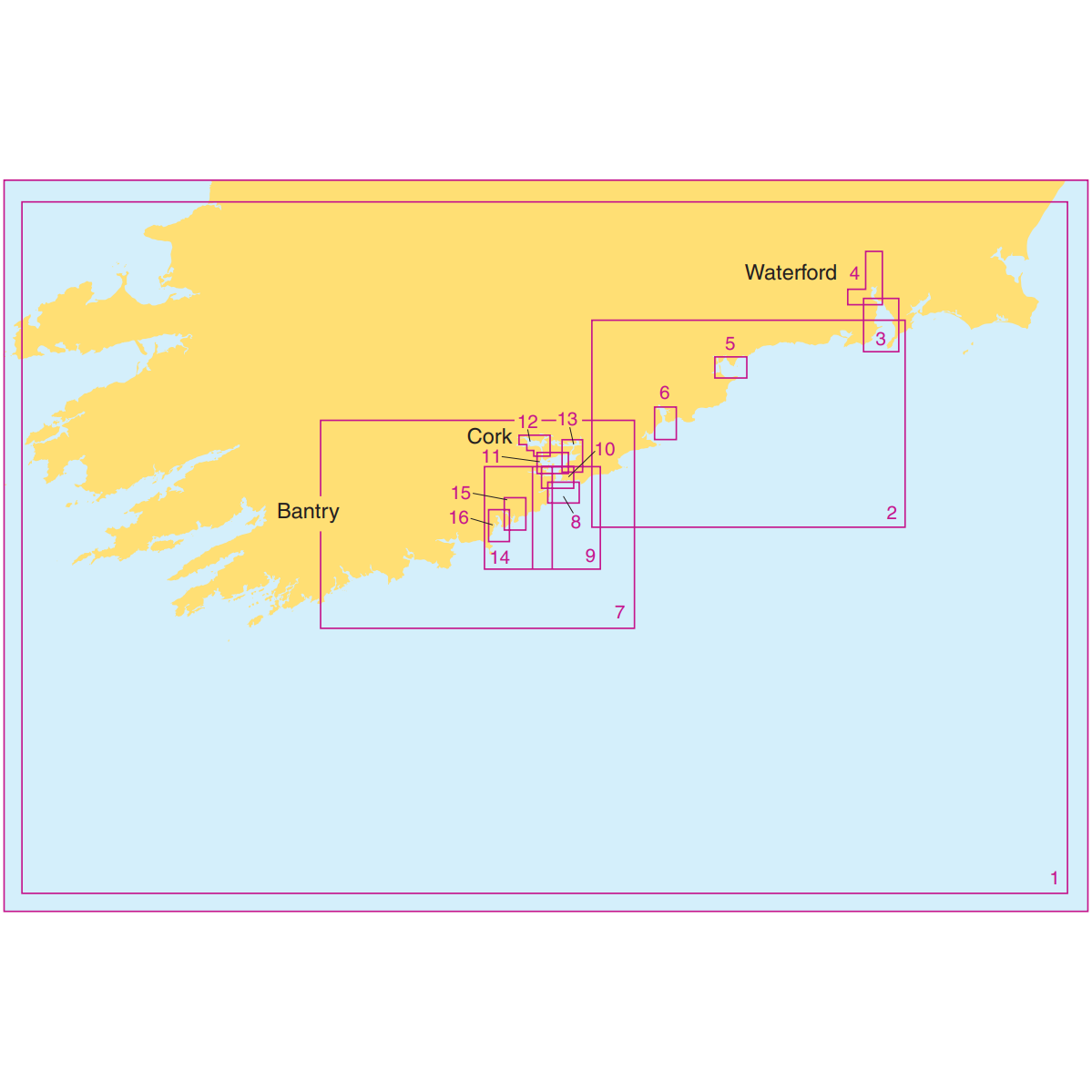 Admiralty Small Craft Charts - 5622 - Ireland, South, Waterford to Kinsale by Admiralty highlights various locations along the southern coast of Ireland, including Bantry, Cork, and Waterford. Designed with maritime experts in mind, this chart also features coordinates and positioning boxes to aid in coastal navigation of the region.