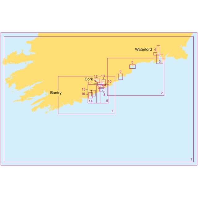 Admiralty Small Craft Charts - 5622 - Ireland, South, Waterford to Kinsale by Admiralty highlights various locations along the southern coast of Ireland, including Bantry, Cork, and Waterford. Designed with maritime experts in mind, this chart also features coordinates and positioning boxes to aid in coastal navigation of the region.