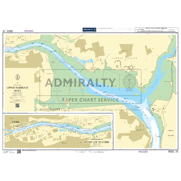 Admiralty's Small Craft Chart 5622_12: Upper Harbour (West) provides a nautical chart showcasing the River Lee from Upper Harbour West to Cork. It includes vital navigation aids and depth information, with insets offering detailed views of particular areas. Labels and coordinates ensure smooth navigation, expertly crafted by the UK Hydrographic Office.