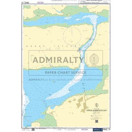 A nautical chart titled "Admiralty Small Craft Charts - 5622 - Ireland, South, Waterford to Kinsale" depicts Upper Harbour East and its surroundings. It showcases the coastline, water depths, navigational aids, and nearby land areas, including Great Island. Perfect for maritime experts focused on coastal navigation, the chart features latitude and longitude markings.